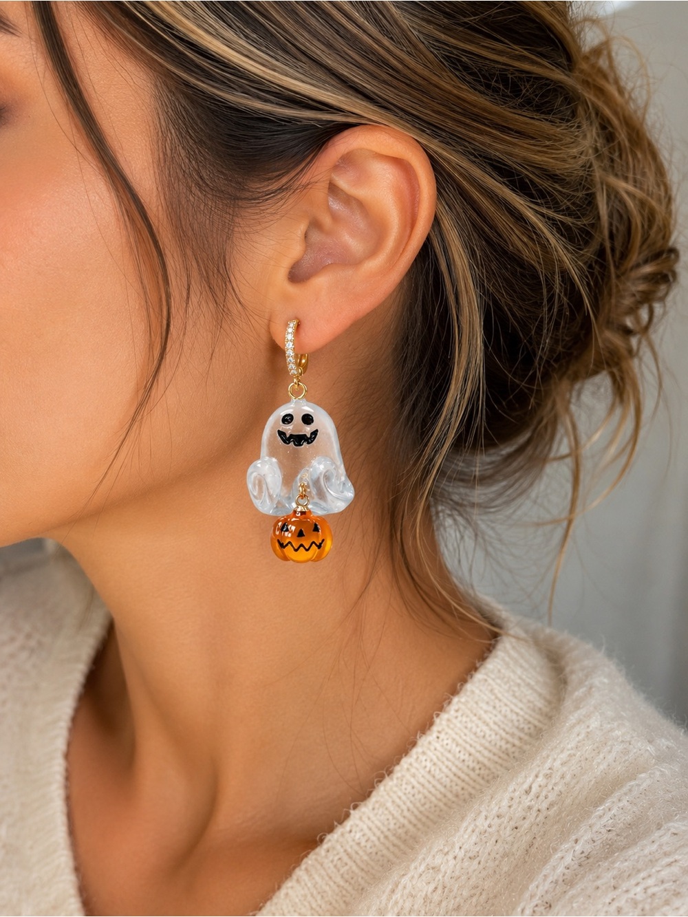 Ghost Drop Earrings with Orange Pumpkin Charm   Halloween themed